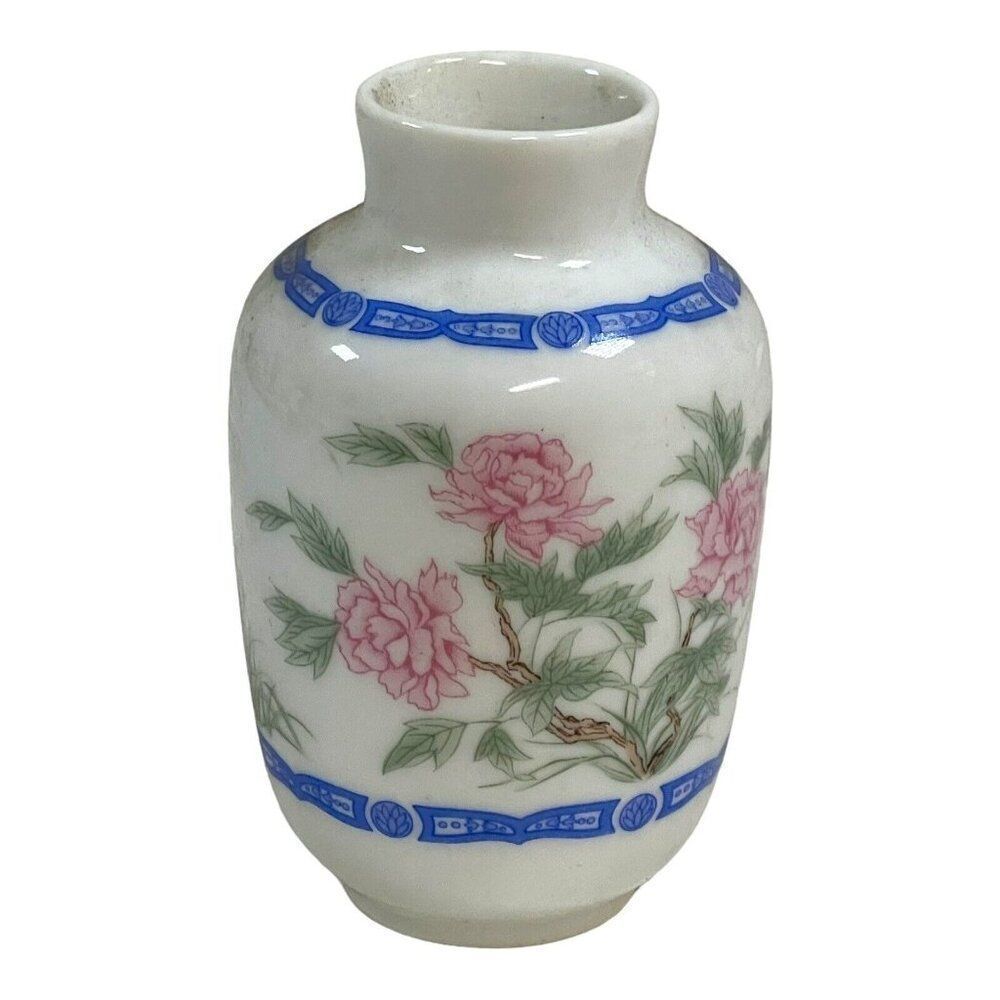 Vintage Miniature Bud Franklin Porcelain Famille Rose Vase 3.25” Tall Pink Roses